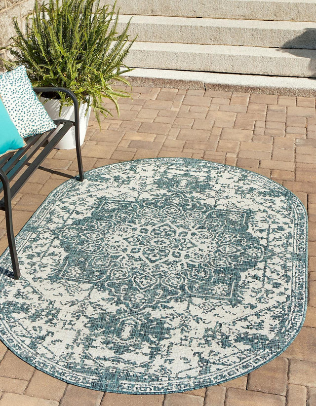 Teal 7' 10 x 10' Jill Zarin Outdoor Oval Area Rug Weather Resistant for Patio, Deck, Terrace, Balcony, Porch Durable 100% Polypropylene Carpet for Outside for Sale at Rug Engine