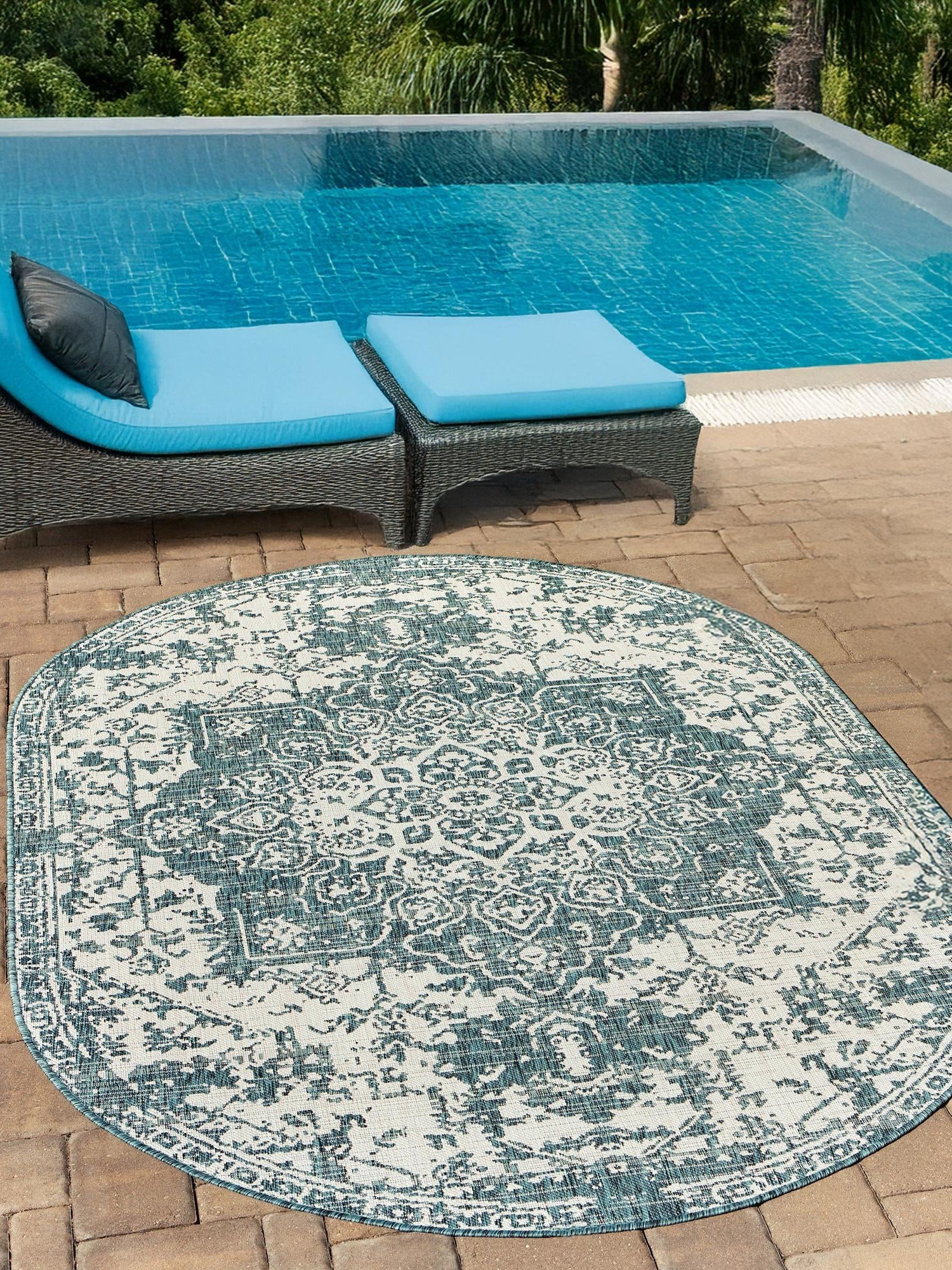 Teal 7' 10 x 10' Jill Zarin Outdoor Oval Area Rug Weather Resistant for Patio, Deck, Terrace, Balcony, Porch Durable 100% Polypropylene Carpet for Outside for Sale at Rug Engine