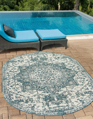 Teal 7' 10 x 10' Jill Zarin Outdoor Oval Area Rug Weather Resistant for Patio, Deck, Terrace, Balcony, Porch Durable 100% Polypropylene Carpet for Outside for Sale at Rug Engine