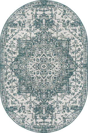 Teal 5' 3 x 8' Jill Zarin Outdoor Oval Area Rug Weather Resistant for Patio, Deck, Terrace, Balcony, Porch Durable 100% Polypropylene Carpet for Outside for Sale at Rug Engine