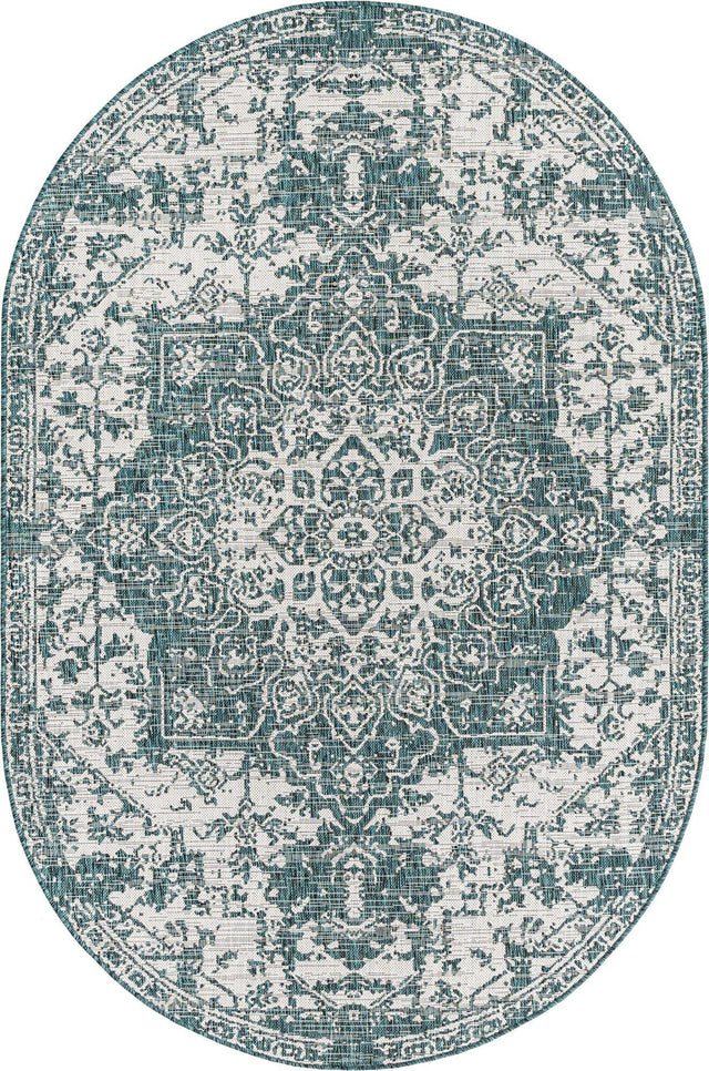 Teal 5' 3 x 8' Jill Zarin Outdoor Oval Area Rug Weather Resistant for Patio, Deck, Terrace, Balcony, Porch Durable 100% Polypropylene Carpet for Outside for Sale at Rug Engine