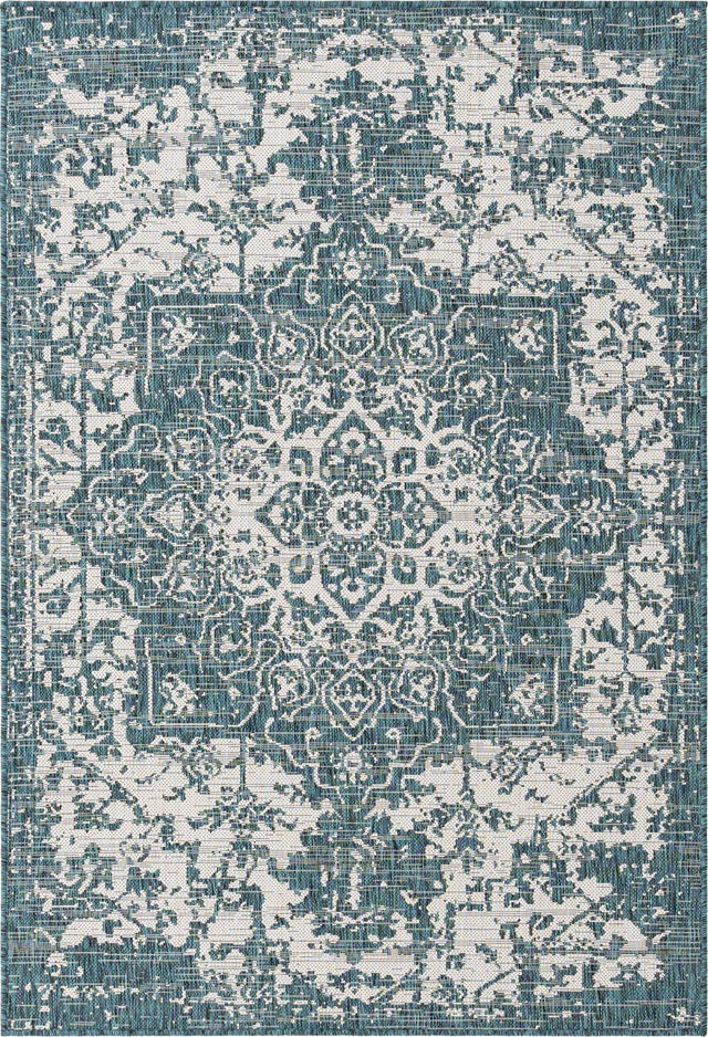 Teal 4' 1 x 6' 1 Jill Zarin Outdoor Rectangle Area Rug Weather Resistant for Patio, Deck, Terrace, Balcony, Porch Durable 100% Polypropylene Carpet for Outside for Sale at Rug Engine