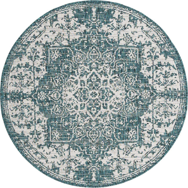 Teal 4' 1 x 4' 1 Jill Zarin Outdoor Round Area Rug Weather Resistant for Patio, Deck, Terrace, Balcony, Porch Durable 100% Polypropylene Carpet for Outside for Sale at Rug Engine