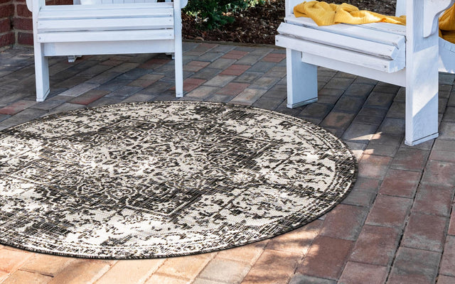 Charcoal Gray 6' 7 x 6' 7 Jill Zarin Outdoor Round Area Rug Weather Resistant for Patio, Deck, Terrace, Balcony, Porch Durable 100% Polypropylene Carpet for Outside for Sale at Rug Engine
