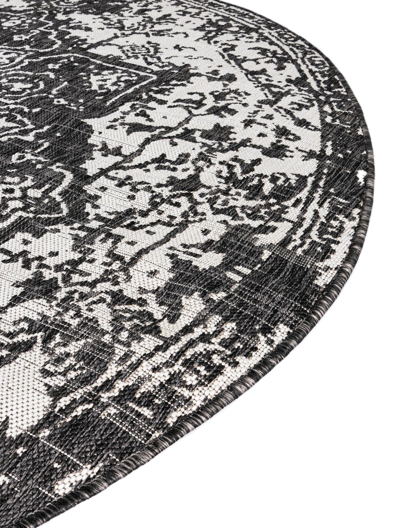 Charcoal Gray 4' 1 x 4' 1 Jill Zarin Outdoor Round Area Rug Weather Resistant for Patio, Deck, Terrace, Balcony, Porch Durable 100% Polypropylene Carpet for Outside for Sale at Rug Engine