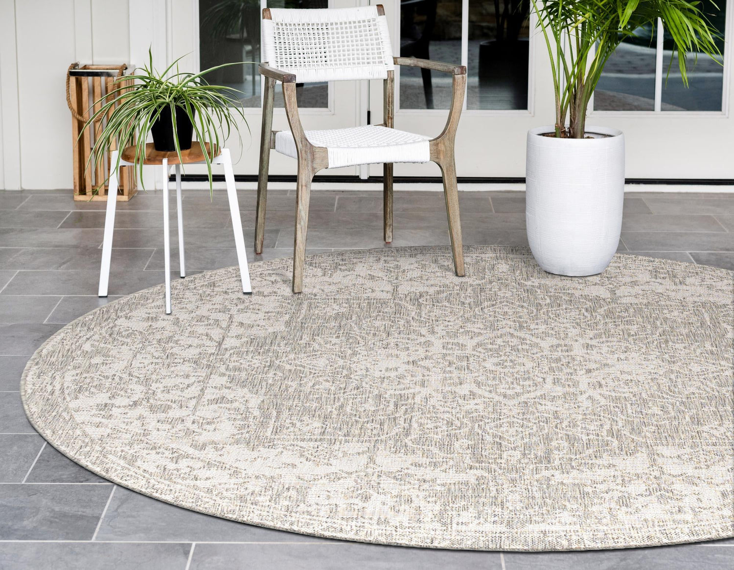 Gray 6' 7 x 6' 7 Jill Zarin Outdoor Round Area Rug Weather Resistant for Patio, Deck, Terrace, Balcony, Porch Durable 100% Polypropylene Carpet for Outside for Sale at Rug Engine