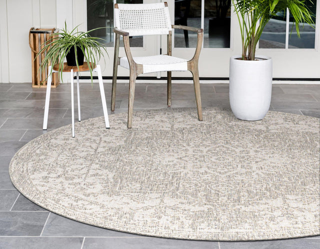 Gray 10' 8 x 10' 8 Jill Zarin Outdoor Round Area Rug Weather Resistant for Patio, Deck, Terrace, Balcony, Porch Durable 100% Polypropylene Carpet for Outside for Sale at Rug Engine