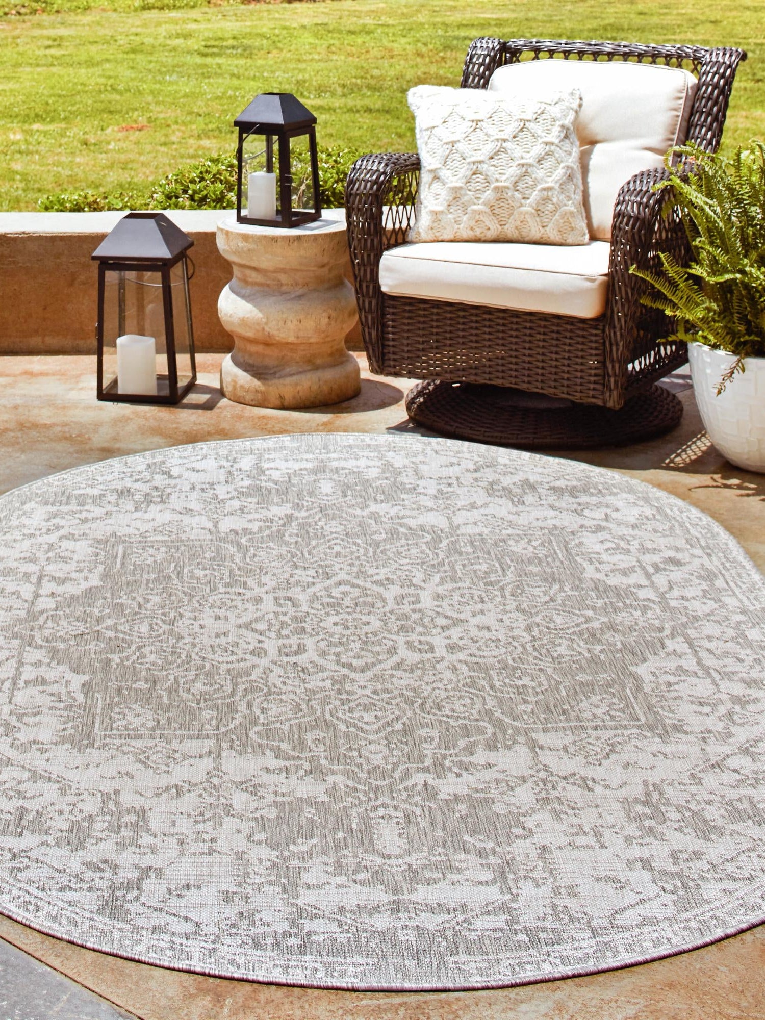Gray 7' 10 x 10' Jill Zarin Outdoor Oval Area Rug Weather Resistant for Patio, Deck, Terrace, Balcony, Porch Durable 100% Polypropylene Carpet for Outside for Sale at Rug Engine
