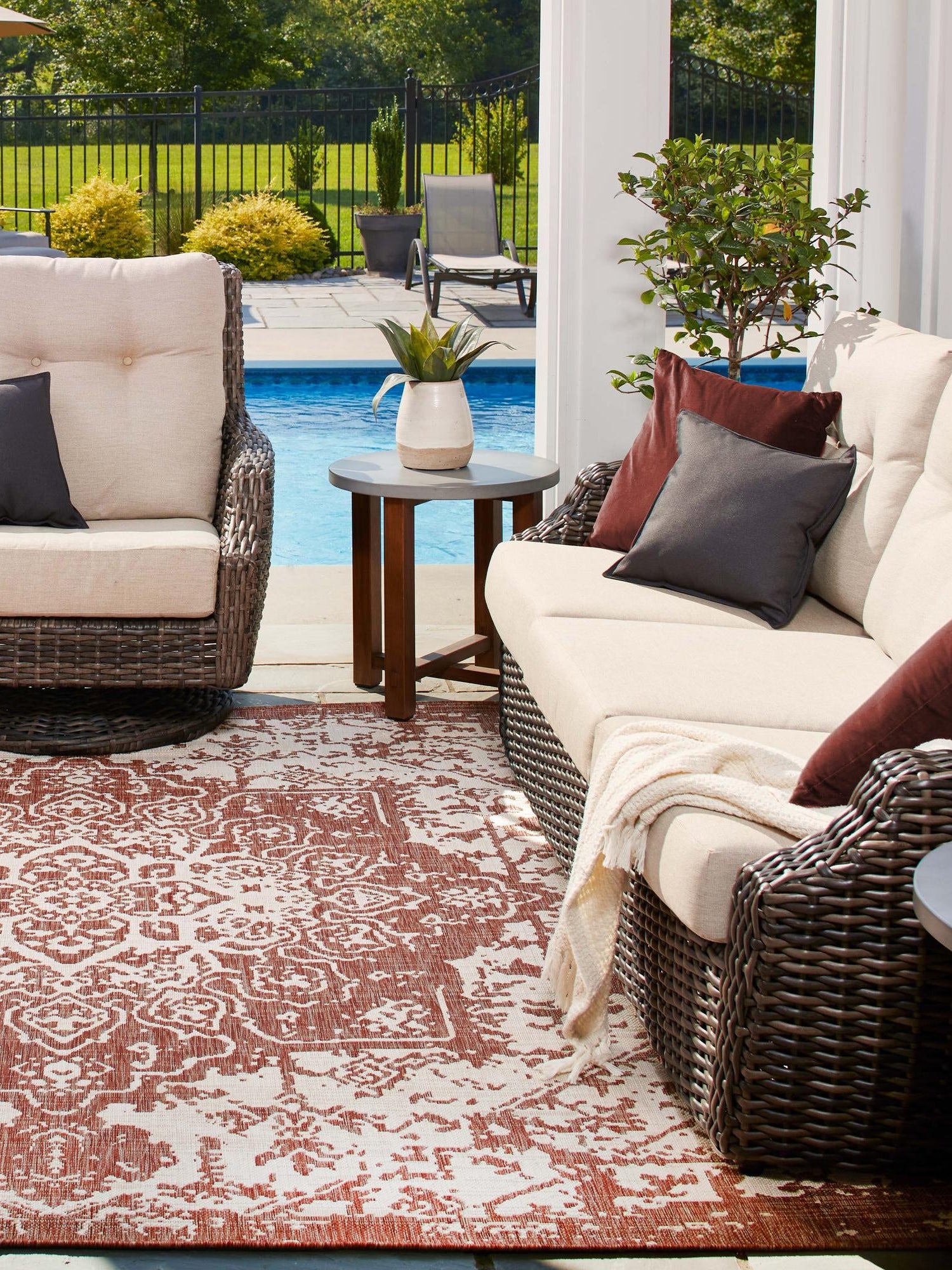 Rust Red 13' 1 x 13' 1 Jill Zarin Outdoor Square Area Rug Weather Resistant for Patio, Deck, Terrace, Balcony, Porch Durable 100% Polypropylene Carpet for Outside for Sale at Rug Engine