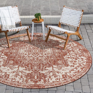 Rust Red 6' 7 x 6' 7 Jill Zarin Outdoor Round Area Rug Weather Resistant for Patio, Deck, Terrace, Balcony, Porch Durable 100% Polypropylene Carpet for Outside for Sale at Rug Engine