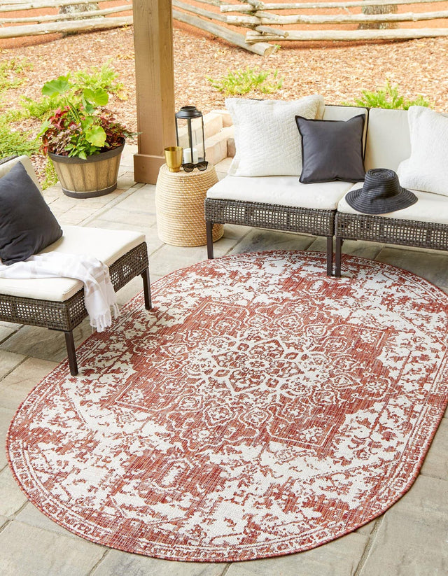Rust Red 5' 3 x 8' Jill Zarin Outdoor Oval Area Rug Weather Resistant for Patio, Deck, Terrace, Balcony, Porch Durable 100% Polypropylene Carpet for Outside for Sale at Rug Engine