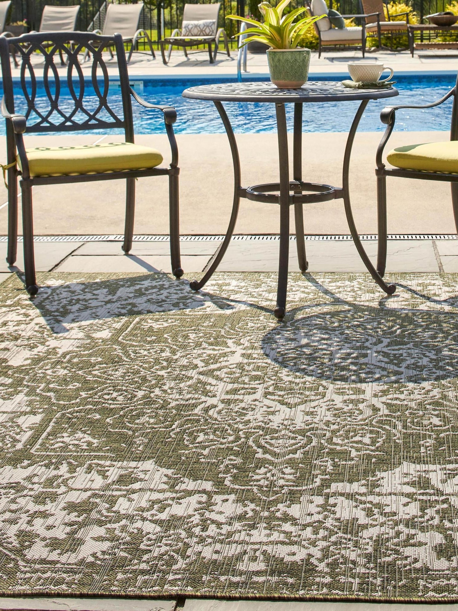 Green 13' 1 x 13' 1 Jill Zarin Outdoor Square Area Rug Weather Resistant for Patio, Deck, Terrace, Balcony, Porch Durable 100% Polypropylene Carpet for Outside for Sale at Rug Engine