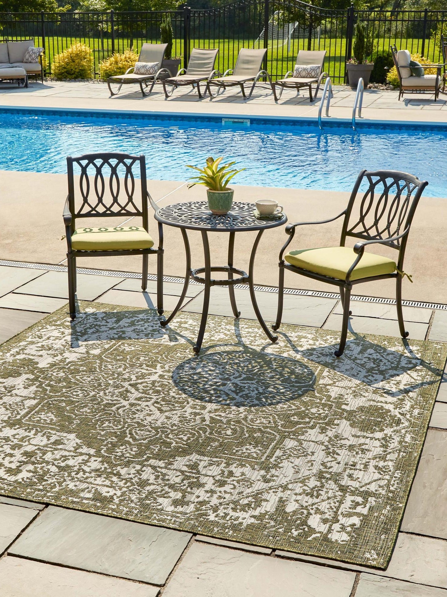 Green 13' 1 x 13' 1 Jill Zarin Outdoor Square Area Rug Weather Resistant for Patio, Deck, Terrace, Balcony, Porch Durable 100% Polypropylene Carpet for Outside for Sale at Rug Engine