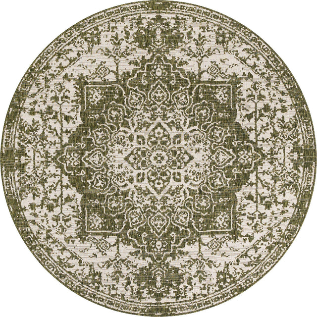 Green 7' 1 x 7' 1 Jill Zarin Outdoor Round Area Rug Weather Resistant for Patio, Deck, Terrace, Balcony, Porch Durable 100% Polypropylene Carpet for Outside for Sale at Rug Engine