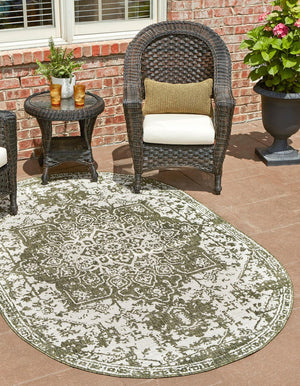 Green 5' 3 x 8' Jill Zarin Outdoor Oval Area Rug Weather Resistant for Patio, Deck, Terrace, Balcony, Porch Durable 100% Polypropylene Carpet for Outside for Sale at Rug Engine