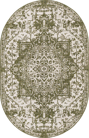 Green 5' 3 x 8' Jill Zarin Outdoor Oval Area Rug Weather Resistant for Patio, Deck, Terrace, Balcony, Porch Durable 100% Polypropylene Carpet for Outside for Sale at Rug Engine
