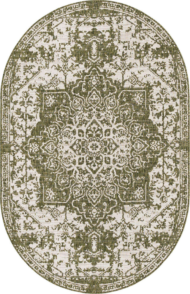 Green 5' 3 x 8' Jill Zarin Outdoor Oval Area Rug Weather Resistant for Patio, Deck, Terrace, Balcony, Porch Durable 100% Polypropylene Carpet for Outside for Sale at Rug Engine