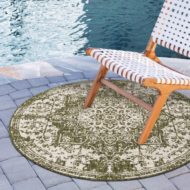 Green 7' 1 x 7' 1 Jill Zarin Outdoor Round Area Rug Weather Resistant for Patio, Deck, Terrace, Balcony, Porch Durable 100% Polypropylene Carpet for Outside for Sale at Rug Engine
