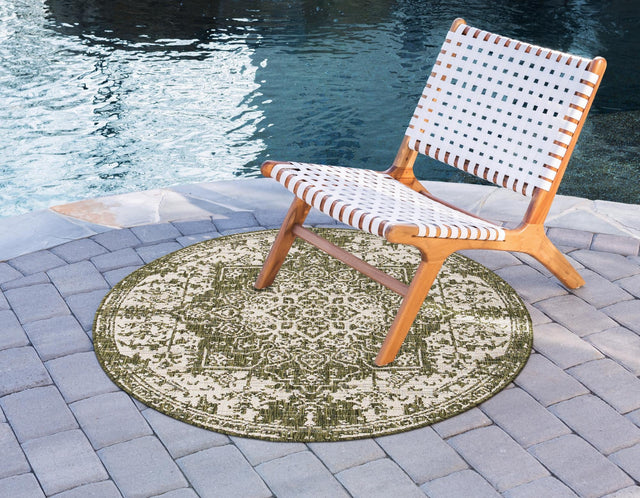 Green 7' 1 x 7' 1 Jill Zarin Outdoor Round Area Rug Weather Resistant for Patio, Deck, Terrace, Balcony, Porch Durable 100% Polypropylene Carpet for Outside for Sale at Rug Engine