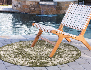 Green 4' 1 x 4' 1 Jill Zarin Outdoor Round Area Rug Weather Resistant for Patio, Deck, Terrace, Balcony, Porch Durable 100% Polypropylene Carpet for Outside for Sale at Rug Engine