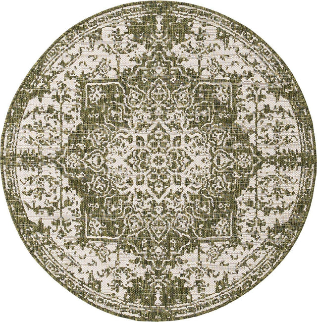 Green 4' 1 x 4' 1 Jill Zarin Outdoor Round Area Rug Weather Resistant for Patio, Deck, Terrace, Balcony, Porch Durable 100% Polypropylene Carpet for Outside for Sale at Rug Engine
