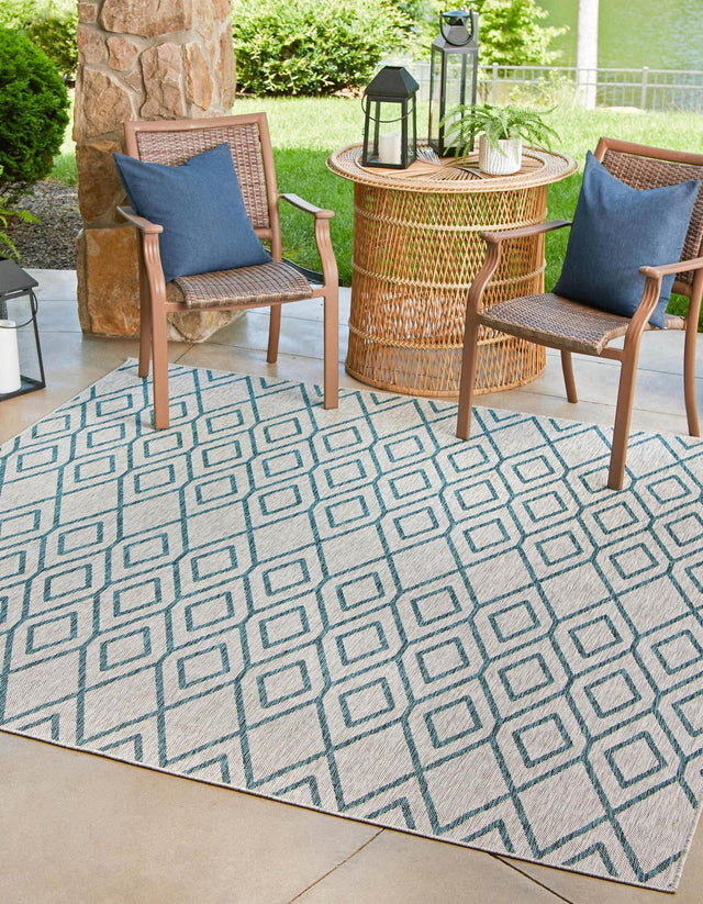 Gray Teal 7' 10 x 7' 10 Jill Zarin Outdoor Square Area Rug Weather Resistant for Patio, Deck, Terrace, Balcony, Porch Durable 100% Polypropylene Carpet for Outside for Sale at Rug Engine