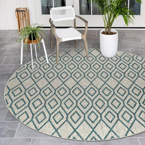 Gray Teal 7' 1 x 7' 1 Jill Zarin Outdoor Round Area Rug Weather Resistant for Patio, Deck, Terrace, Balcony, Porch Durable 100% Polypropylene Carpet for Outside for Sale at Rug Engine