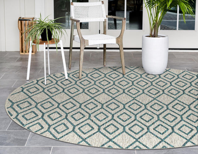 Gray Teal 4' 1 x 4' 1 Jill Zarin Outdoor Round Area Rug Weather Resistant for Patio, Deck, Terrace, Balcony, Porch Durable 100% Polypropylene Carpet for Outside for Sale at Rug Engine