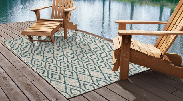 Gray Teal 9' x 12' Jill Zarin Outdoor Rectangle Area Rug Weather Resistant for Patio, Deck, Terrace, Balcony, Porch Durable 100% Polypropylene Carpet for Outside for Sale at Rug Engine