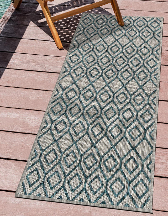 Gray Teal 2' x 8' Jill Zarin Outdoor Runner Area Rug Weather Resistant for Patio, Deck, Terrace, Balcony, Porch Durable 100% Polypropylene Carpet for Outside for Sale at Rug Engine