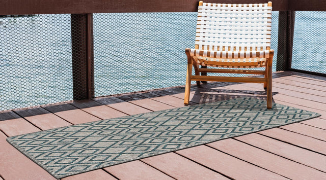 Gray Teal 2' x 8' Jill Zarin Outdoor Runner Area Rug Weather Resistant for Patio, Deck, Terrace, Balcony, Porch Durable 100% Polypropylene Carpet for Outside for Sale at Rug Engine