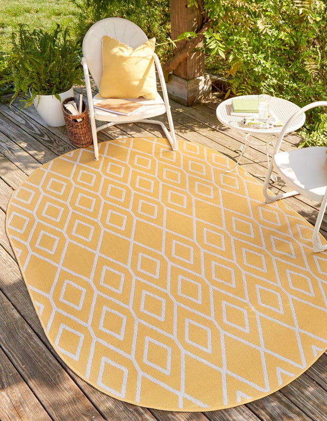Yellow Ivory 7' 10 x 10' Jill Zarin Outdoor Oval Area Rug Weather Resistant for Patio, Deck, Terrace, Balcony, Porch Durable 100% Polypropylene Carpet for Outside for Sale at Rug Engine