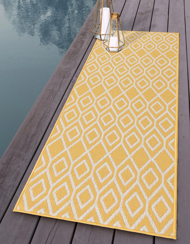 Yellow Ivory 2' x 8' Jill Zarin Outdoor Runner Area Rug Weather Resistant for Patio, Deck, Terrace, Balcony, Porch Durable 100% Polypropylene Carpet for Outside for Sale at Rug Engine
