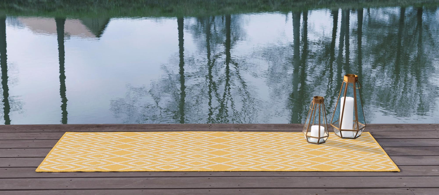 Yellow Ivory 2' x 8' Jill Zarin Outdoor Runner Area Rug Weather Resistant for Patio, Deck, Terrace, Balcony, Porch Durable 100% Polypropylene Carpet for Outside for Sale at Rug Engine