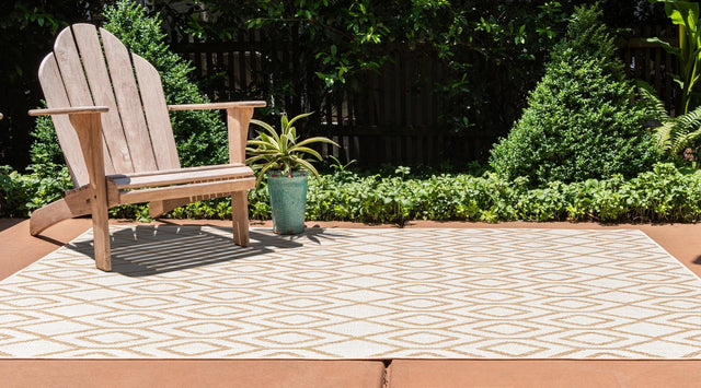 Beige 7' 10 x 10' Jill Zarin Outdoor Rectangle Area Rug Weather Resistant for Patio, Deck, Terrace, Balcony, Porch Durable 100% Polypropylene Carpet for Outside for Sale at Rug Engine