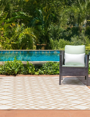 Beige 7' 10 x 10' Jill Zarin Outdoor Rectangle Area Rug Weather Resistant for Patio, Deck, Terrace, Balcony, Porch Durable 100% Polypropylene Carpet for Outside for Sale at Rug Engine