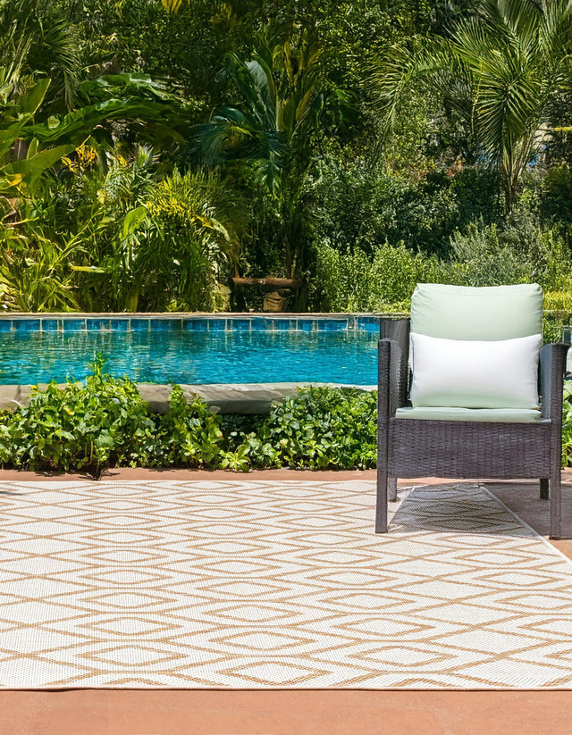 Beige 7' 10 x 10' Jill Zarin Outdoor Rectangle Area Rug Weather Resistant for Patio, Deck, Terrace, Balcony, Porch Durable 100% Polypropylene Carpet for Outside for Sale at Rug Engine