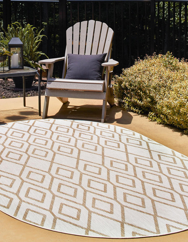 Beige 5' 3 x 8' Jill Zarin Outdoor Oval Area Rug Weather Resistant for Patio, Deck, Terrace, Balcony, Porch Durable 100% Polypropylene Carpet for Outside for Sale at Rug Engine
