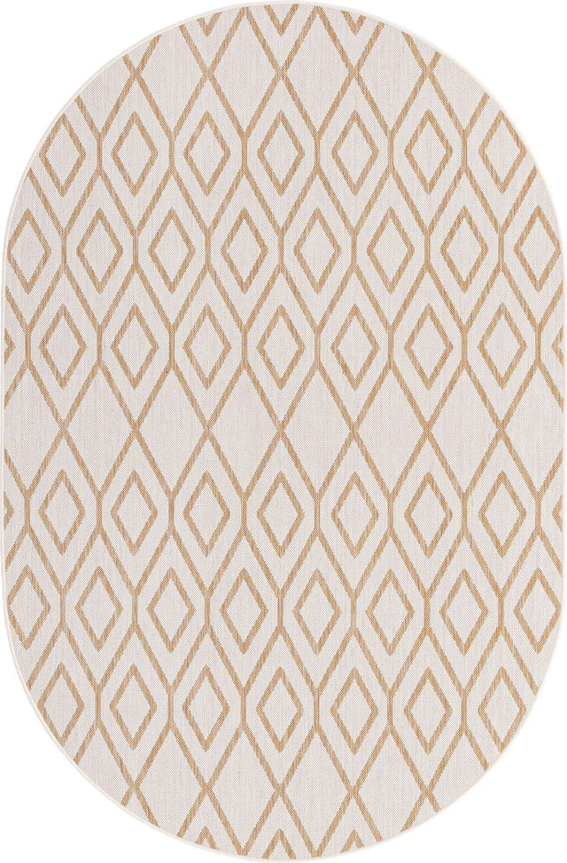 Beige 5' 3 x 8' Jill Zarin Outdoor Oval Area Rug Weather Resistant for Patio, Deck, Terrace, Balcony, Porch Durable 100% Polypropylene Carpet for Outside for Sale at Rug Engine