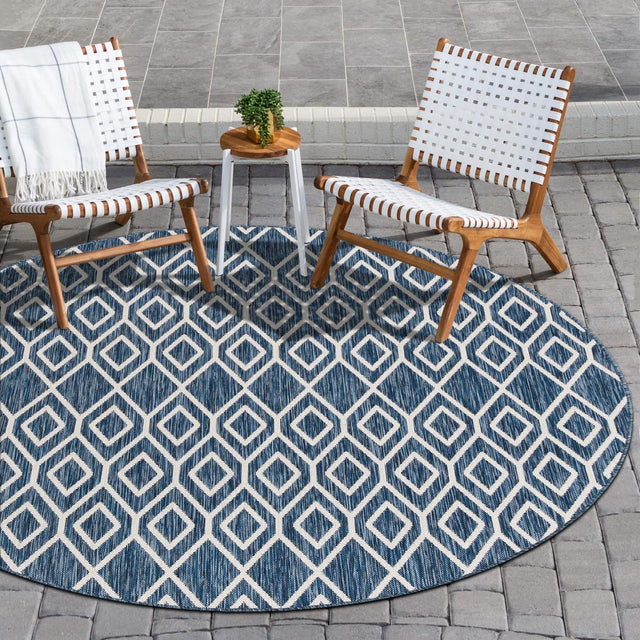 Blue 6' 7 x 6' 7 Jill Zarin Outdoor Round Area Rug Weather Resistant for Patio, Deck, Terrace, Balcony, Porch Durable 100% Polypropylene Carpet for Outside for Sale at Rug Engine