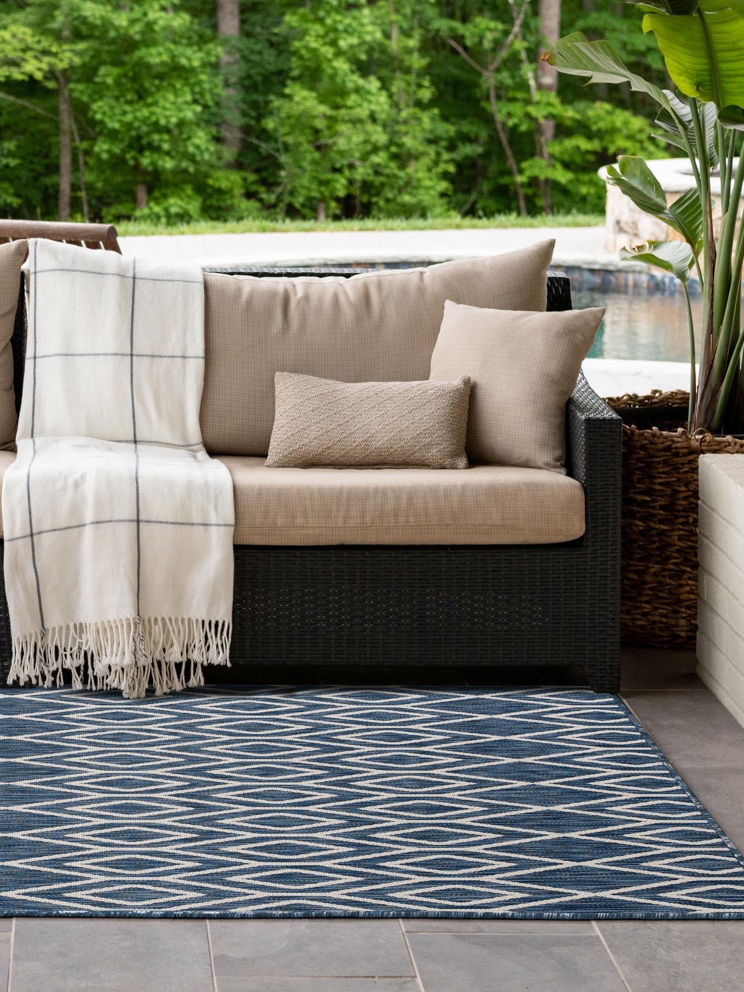 Blue 6' 1 x 9' Jill Zarin Outdoor Rectangle Area Rug Weather Resistant for Patio, Deck, Terrace, Balcony, Porch Durable 100% Polypropylene Carpet for Outside for Sale at Rug Engine