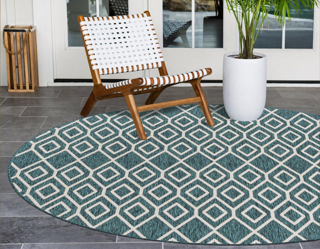 Teal 6' 7 x 6' 7 Jill Zarin Outdoor Round Area Rug Weather Resistant for Patio, Deck, Terrace, Balcony, Porch Durable 100% Polypropylene Carpet for Outside for Sale at Rug Engine