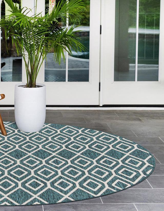 Teal 6' 7 x 6' 7 Jill Zarin Outdoor Round Area Rug Weather Resistant for Patio, Deck, Terrace, Balcony, Porch Durable 100% Polypropylene Carpet for Outside for Sale at Rug Engine