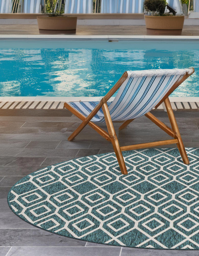 Teal 4' 1 x 4' 1 Jill Zarin Outdoor Round Area Rug Weather Resistant for Patio, Deck, Terrace, Balcony, Porch Durable 100% Polypropylene Carpet for Outside for Sale at Rug Engine