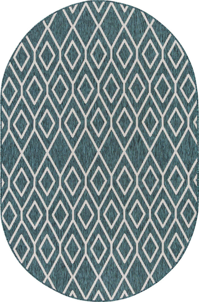 Teal 5' 3 x 8' Jill Zarin Outdoor Oval Area Rug Weather Resistant for Patio, Deck, Terrace, Balcony, Porch Durable 100% Polypropylene Carpet for Outside for Sale at Rug Engine