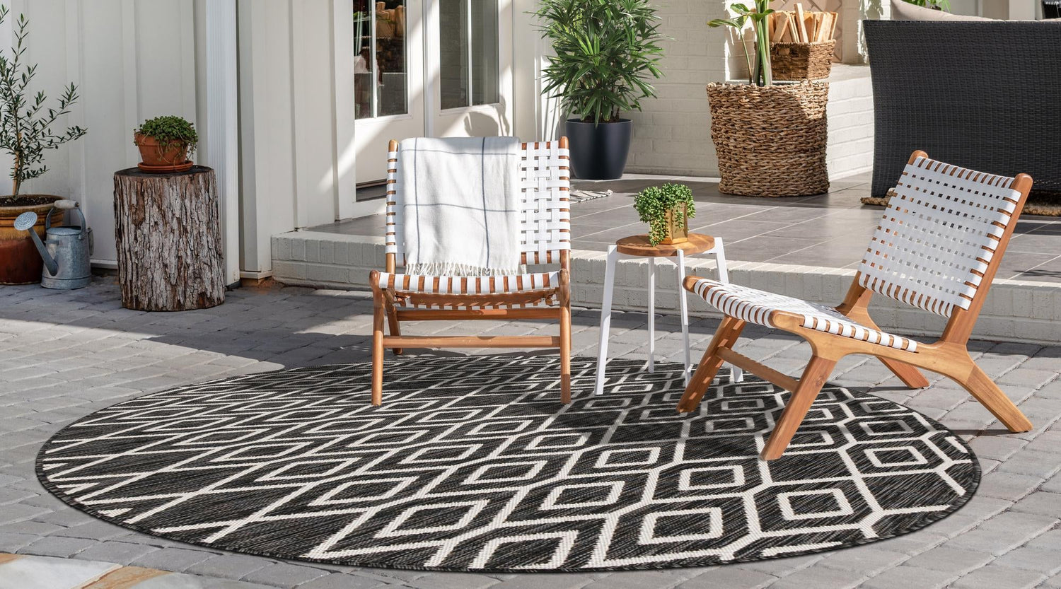 Charcoal Gray 6' 7 x 6' 7 Jill Zarin Outdoor Round Area Rug Weather Resistant for Patio, Deck, Terrace, Balcony, Porch Durable 100% Polypropylene Carpet for Outside for Sale at Rug Engine