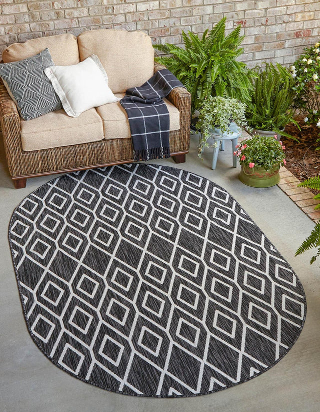 Charcoal Gray 5' 3 x 8' Jill Zarin Outdoor Oval Area Rug Weather Resistant for Patio, Deck, Terrace, Balcony, Porch Durable 100% Polypropylene Carpet for Outside for Sale at Rug Engine