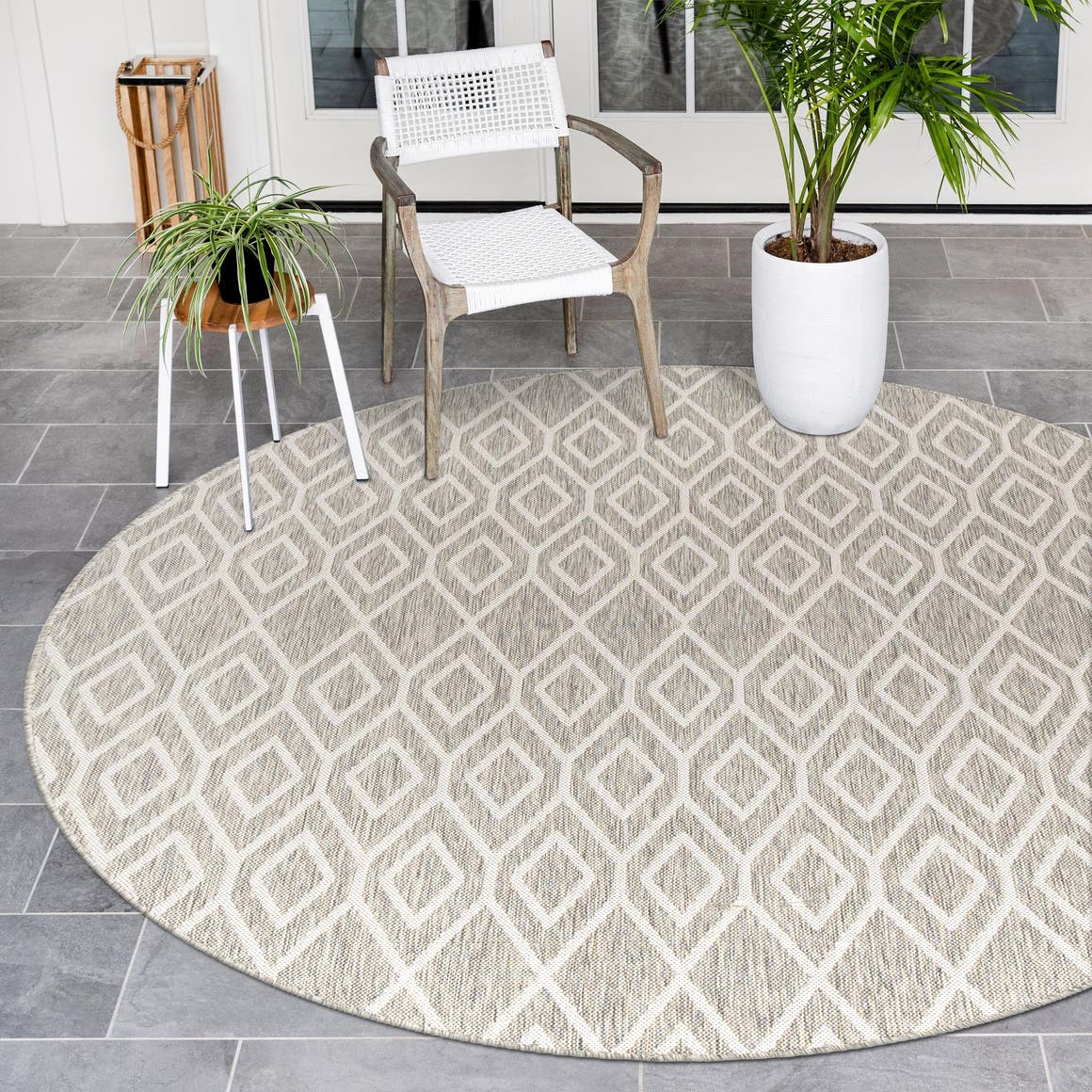Gray Cream 4' 1 x 4' 1 Jill Zarin Outdoor Round Area Rug Weather Resistant for Patio, Deck, Terrace, Balcony, Porch Durable 100% Polypropylene Carpet for Outside for Sale at Rug Engine