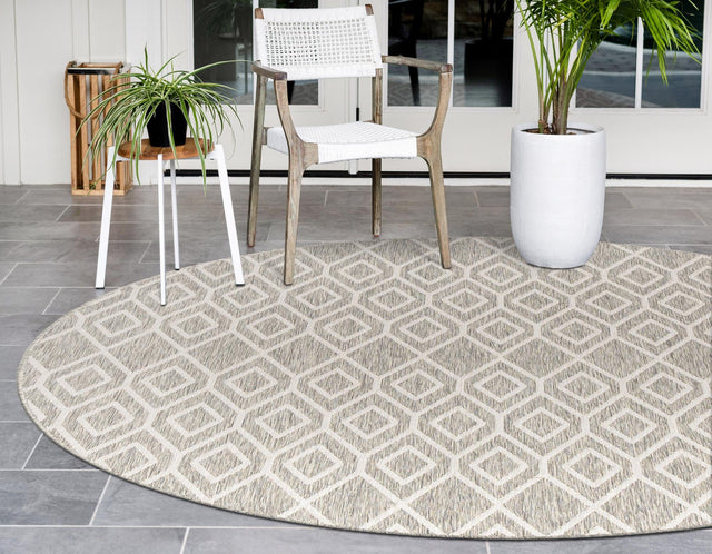 Gray Cream 7' 1 x 7' 1 Jill Zarin Outdoor Round Area Rug Weather Resistant for Patio, Deck, Terrace, Balcony, Porch Durable 100% Polypropylene Carpet for Outside for Sale at Rug Engine