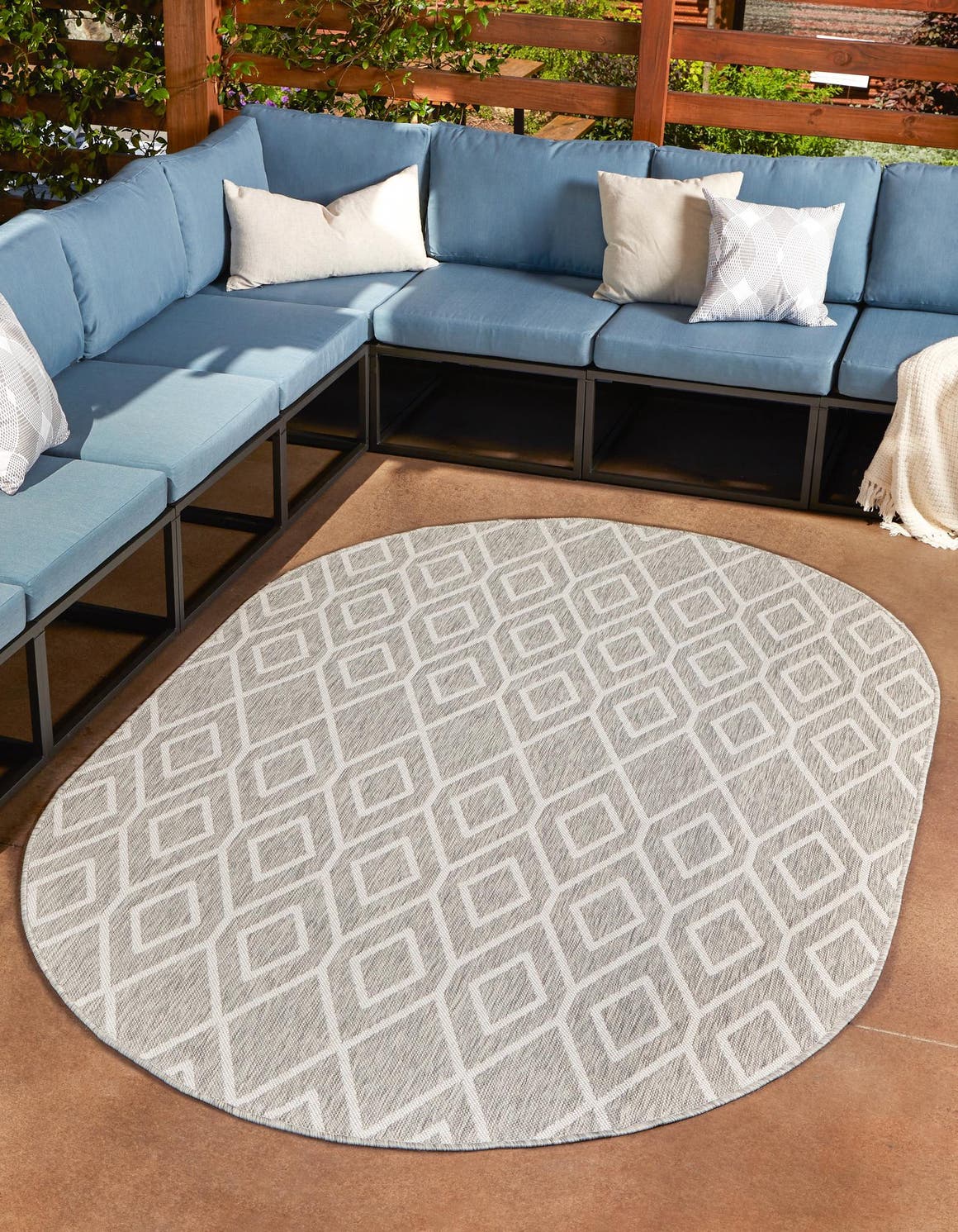 Gray Cream 7' 10 x 10' Jill Zarin Outdoor Oval Area Rug Weather Resistant for Patio, Deck, Terrace, Balcony, Porch Durable 100% Polypropylene Carpet for Outside for Sale at Rug Engine